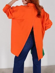 2023 Autumn Women's Oversize Cotton Shirt with Back Slit Orange Loose Chic Button Up Beautiful Blouses for Women Long Sleeve Top