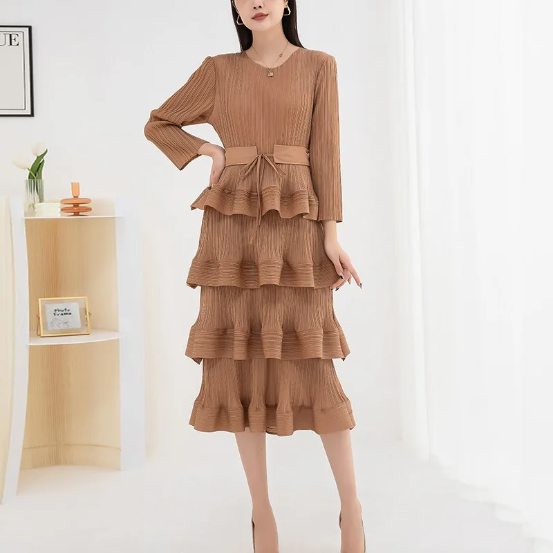 

GGHK Round Neck Stretch Slim Waist Cake Pleated Midi Dress For Women Solid Color Ruffles Party Wedding Clothing Female