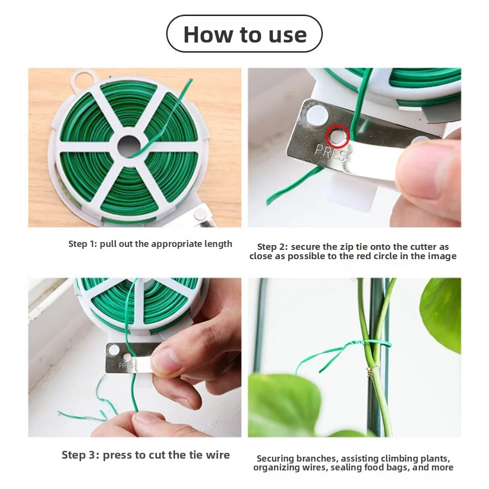 2Pcs Gardening Cable Tie Plastic Cable Tie Steel Wire Rope Rose Vine Plant Fixed Rope Tie with Own Scissors