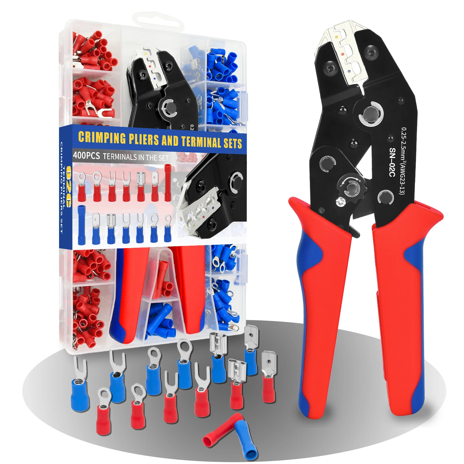 SN-02C 400PCS Mini Crimping Tool Kit  Terminals Crimping Plier U-shaped Y-shaped Connectors (0.25-2.5mm ²) AWG24-14 Crimping Set