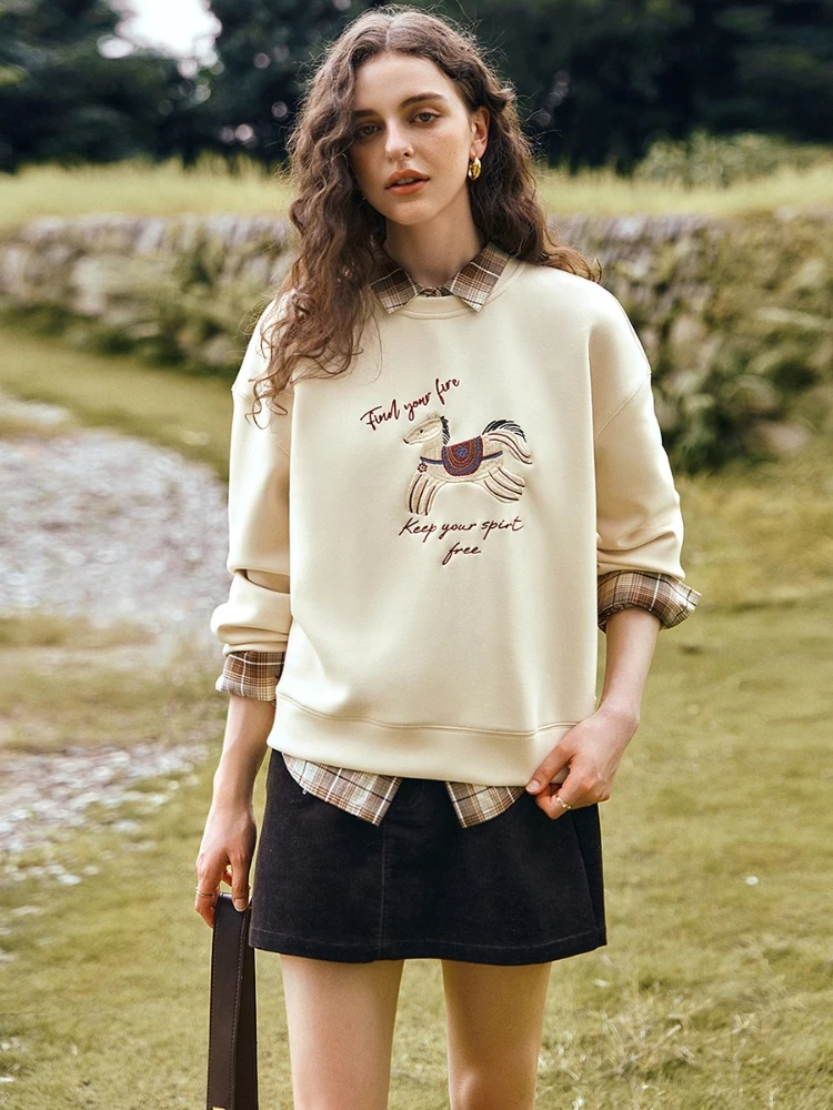 OLrain Women Sweatshirts Autumn 2025 New American Style Casual Loose Pullover Embroidered O-neck Knitted Tops Female O57QR001315