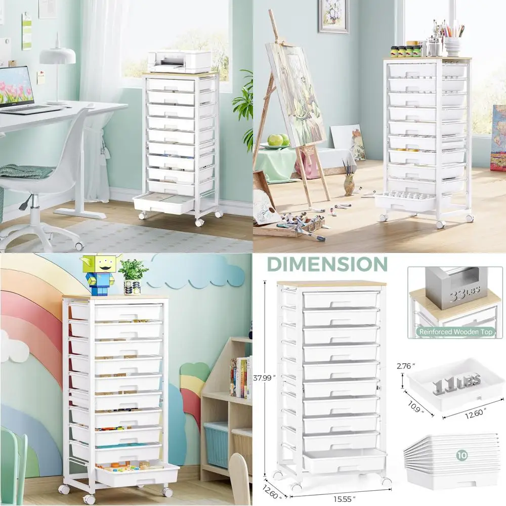 

10-Drawer White Rolling Cart with Wooden Top for Classroom and Craft Storage