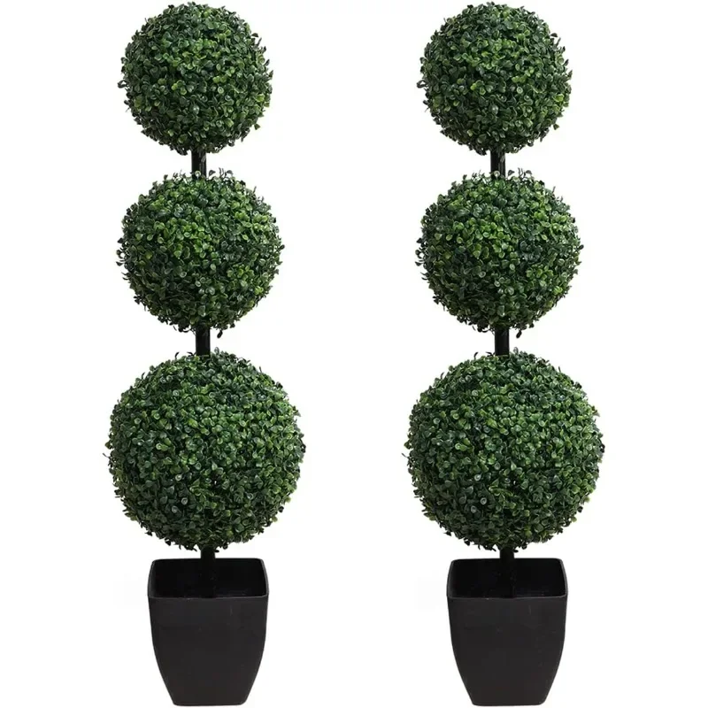 Artificial Topiaries Ball Tree Outdoor, 3.3ft Fake Topiary Triple Ball Boxwood Trees, Faux Shrubs Plants Potted Green Decorative