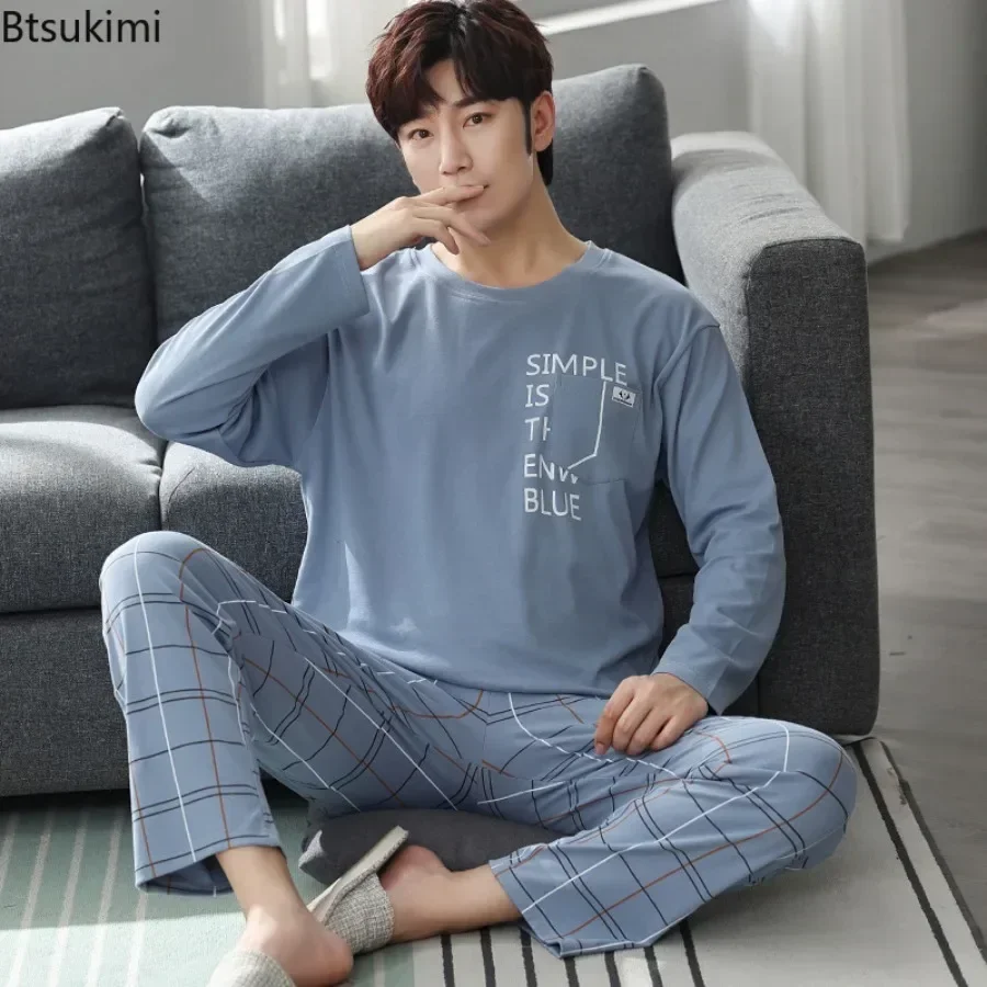 New Men\'s Large Size Simple Loose Homewear Suit Spring Comfortable Cotton Long Sleeve Trouser Lounge Pajamas Two Piece Sets Male