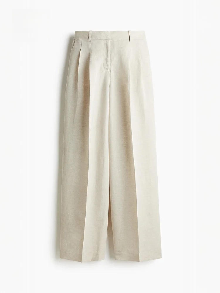 Pantaloni invernali da donna H&M in misto lino, pantaloni formali, vestibilità comoda, look professionale, alla moda e di tendenza