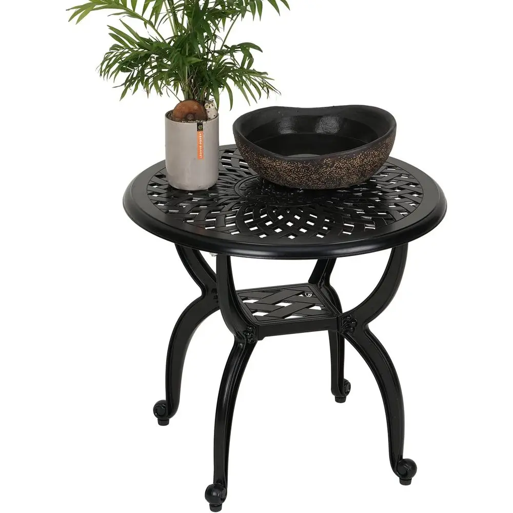 طاولة جانبية سوداء مستديرة للاستخدام الخارجي/الداخلية من الألومنيوم المقاوم للصدأ للفناء والحديقة والشرفة