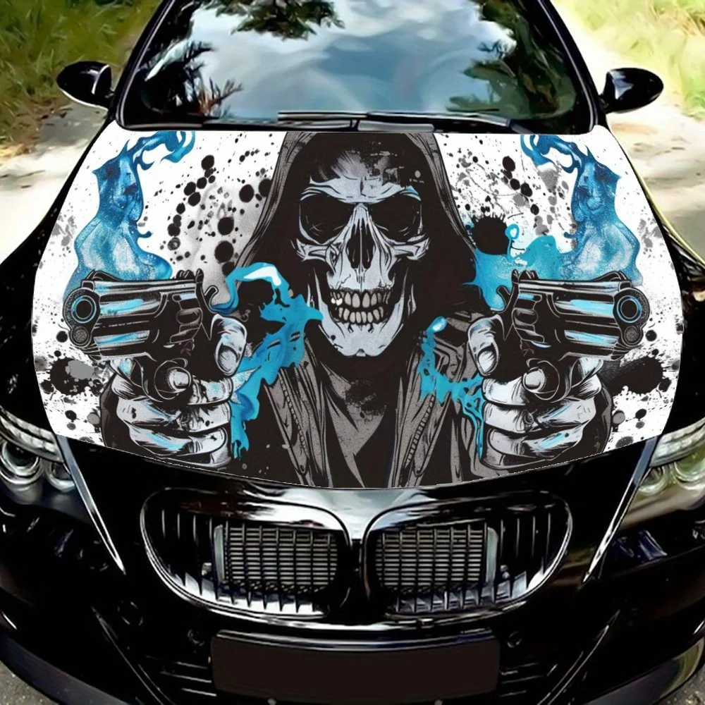 

Skeleton Blue Flames Gun Car Hood Decal,Self-Adhesive PVC Hood Sticker Decor Scratch Resistant Sticker Protect,Auto Accessories