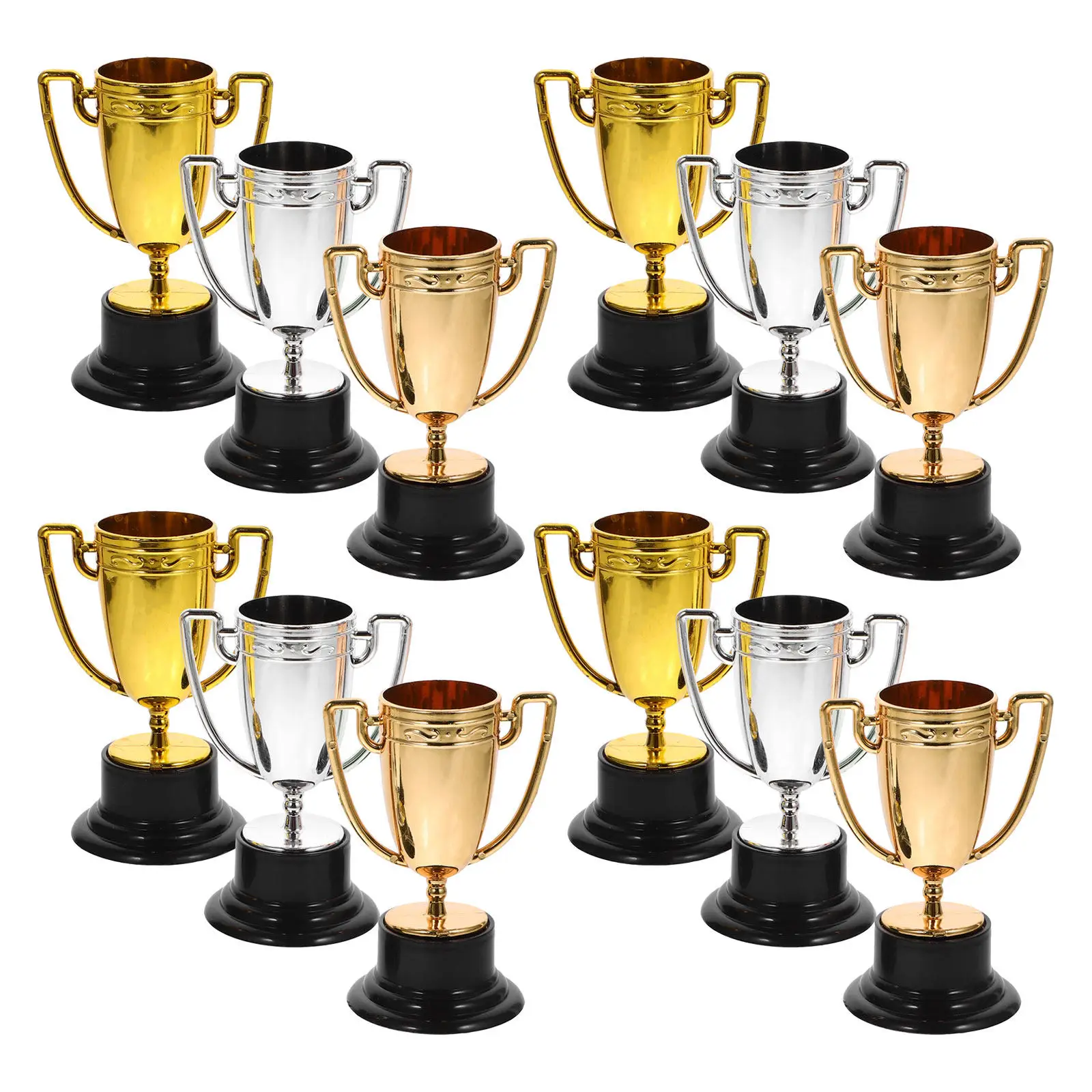 

Набор из 12 мини-кубков-трофеев: золотые, серебряные, бронзовые для спортивных соревнований, школьных мероприятий, вечеринок, наград для победителей