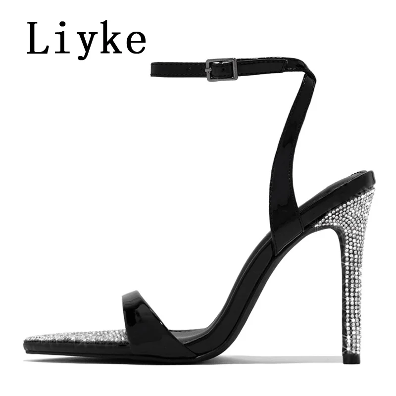 Liyke Fashion Glitter dżetów damskie buty na wysokim obcasie seksowne sandały letnie kryształowe szpiczasty nosek wesele striptizerka buty damskie