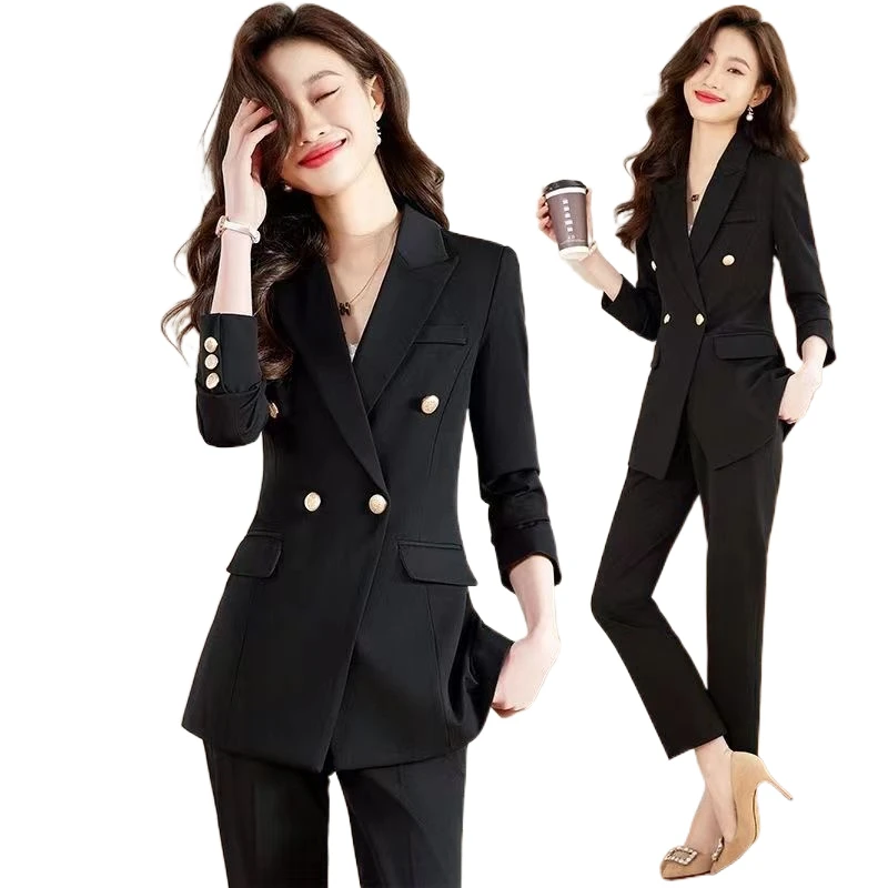 Spring Autumn Women Blazer Pants 2 Piece Set Korean Office Lady Graceful Black Slim Coats Trousers Suits Workwear Outfits Female