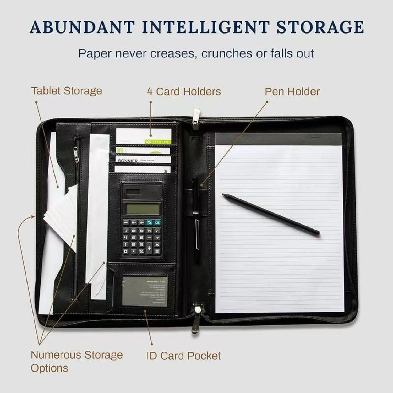 Makeasy portfólio de negócios com zíper padfólio mais inteligente capa protetora tablet apresentação calculadora cartão armazenamento bloco de notas