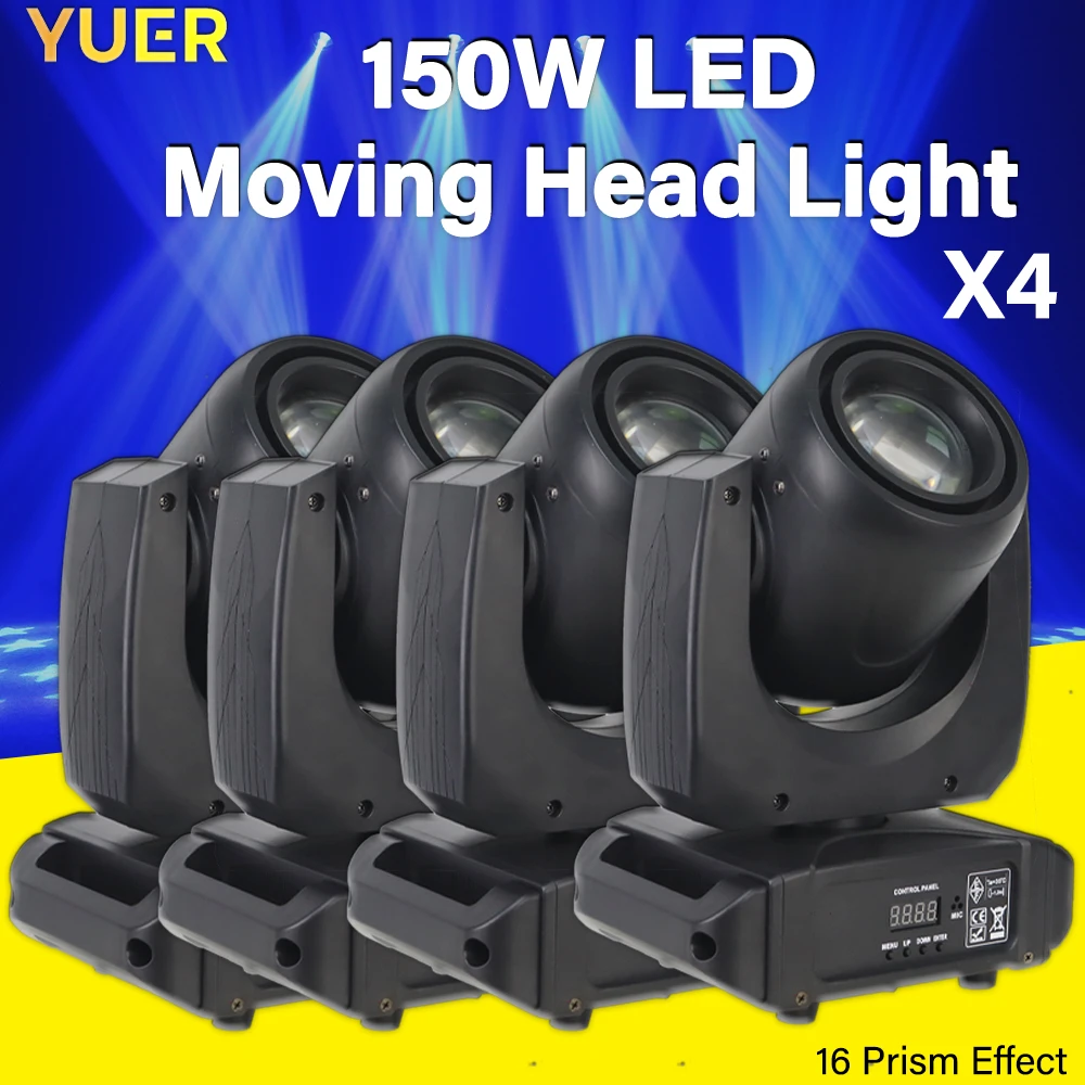 YUER  4PCS 150W LED Stage Light, 16 Prism, 7 Colors ，7 Patterns , 0-20Hz Strobe, 12CH DMX Perfect for DJ Disco Bar Party Concert