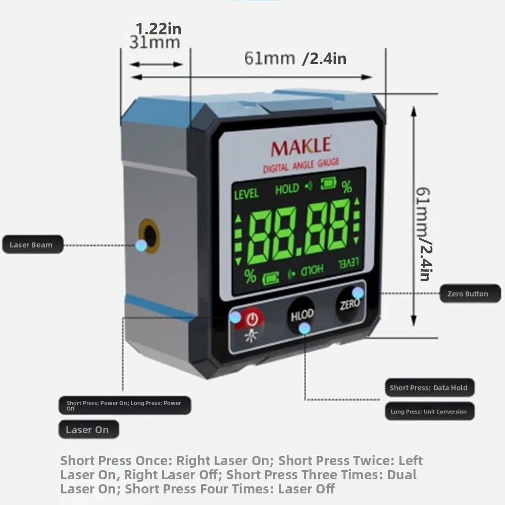 2-side Laser Digital Protractor Goniometer Four Sided Magnetic Base Inclinometer Automatic Calibration Accuracy Waterproof