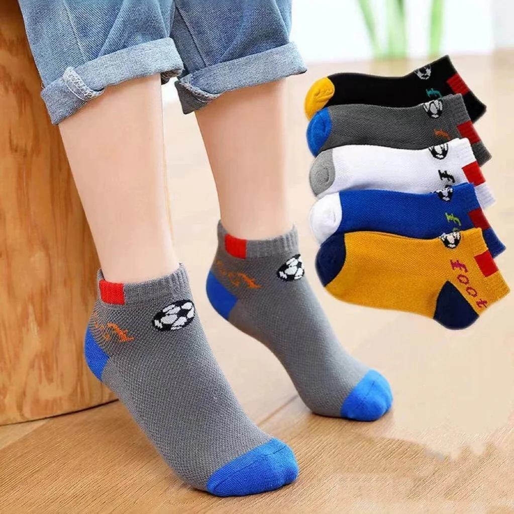 5 Paar/Set Kinder-Fußballsocken für Jungen, Sommer, dünnes Netz, atmungsaktiv, für Kinder, Sport, Buchstaben, kurze Socken für Kinder und Teenager, 1–14 Jahre