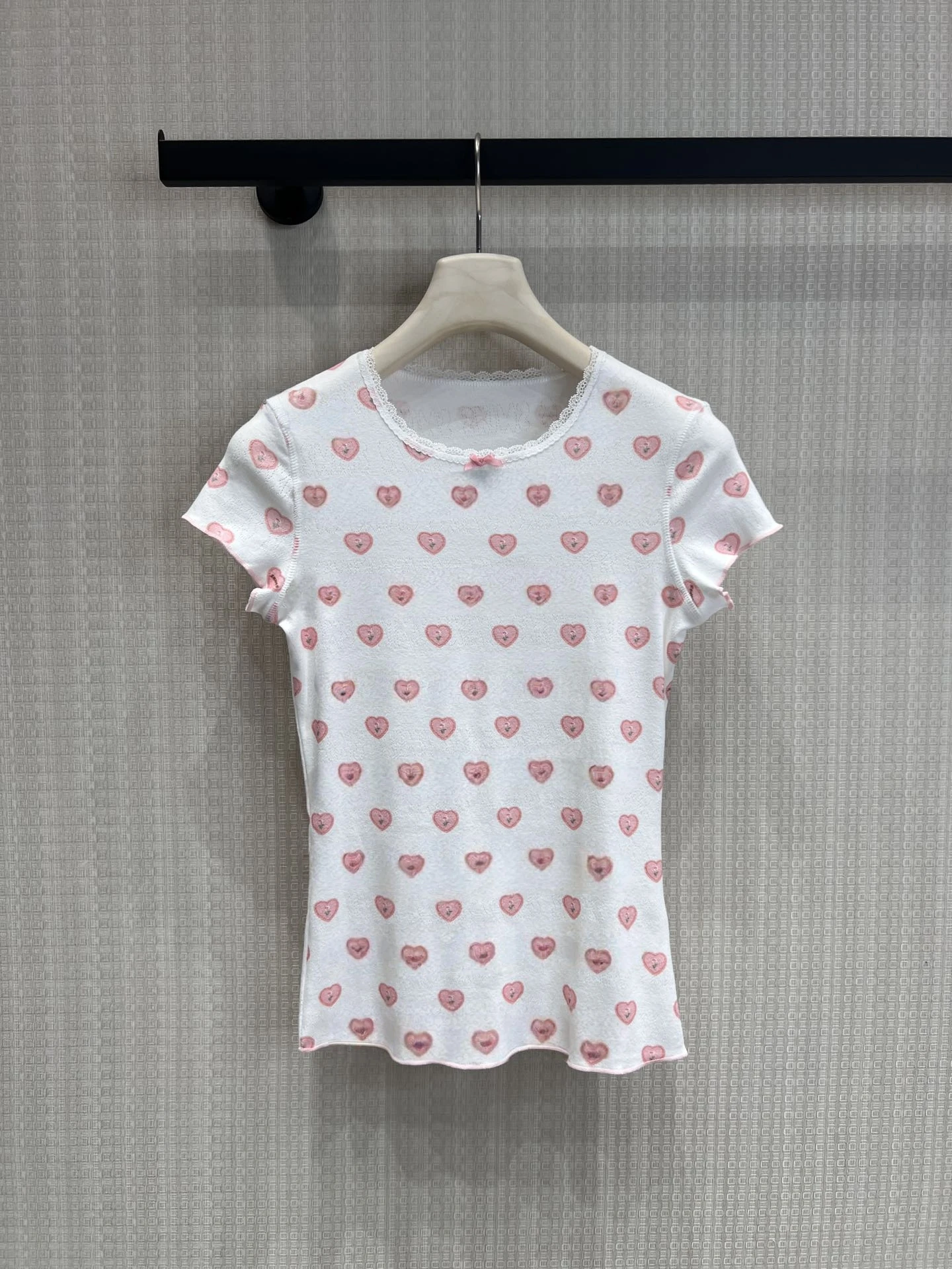 

American Style Short Sleeve T-Shirt Women's Print Lace Trim Knot Heart Print round Neck Short Length Cotton