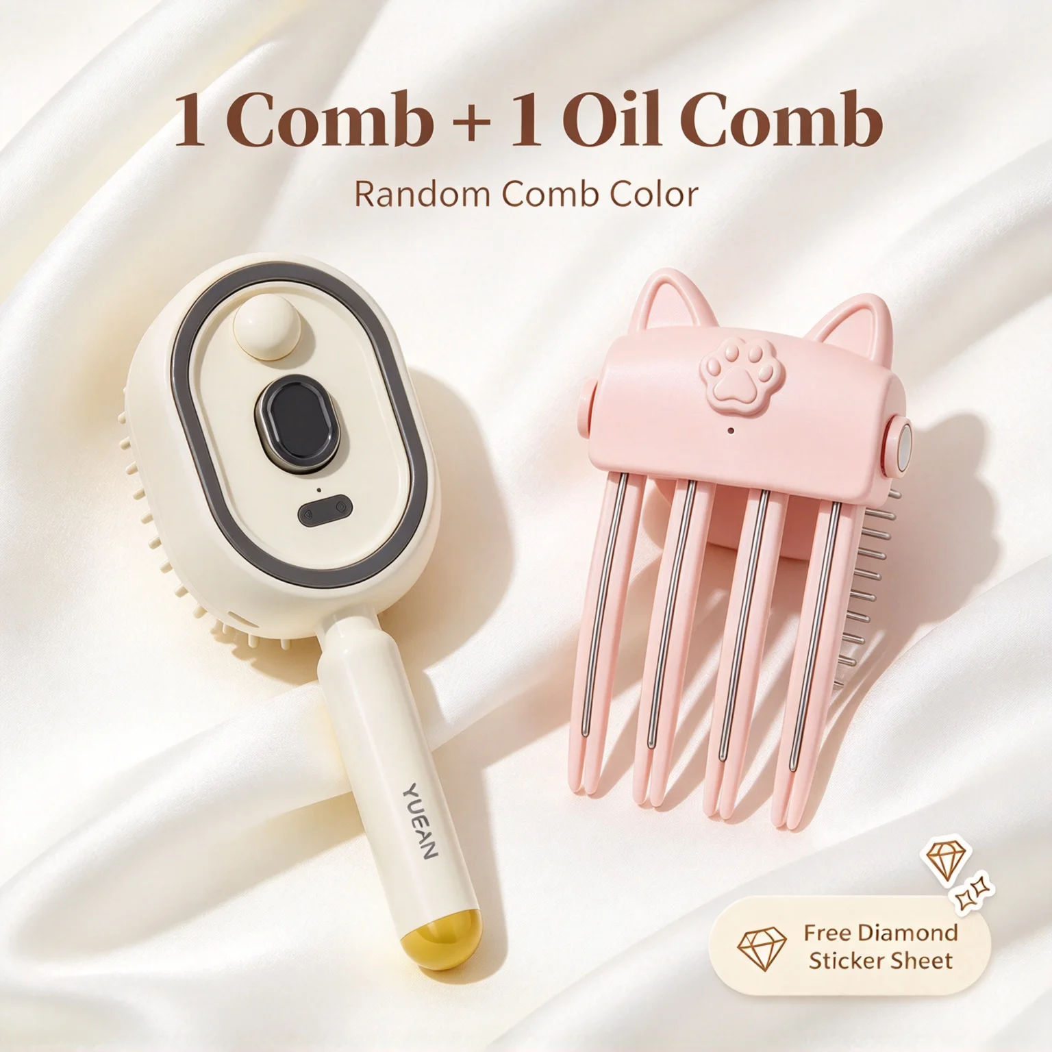 Hair Comb Set,1Pcs Oil Hair Comb +1Pcs Cat Ear Root Fluffy Comb,Random Color,Free Diamond Sticker,Hair Styling Tool for Women