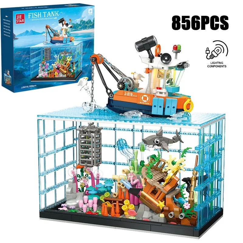 

856PCS Creative Diving Adventure Fish Tank Model Building Blocks With LED Light Construction Bricks Toy Good Gift for Friends