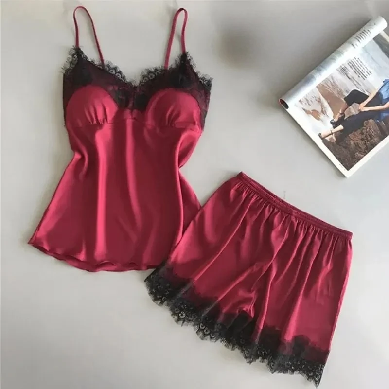 Fashion Nightwear Lace Trim Satin Cami Top Pajama Sets Sexy Hot Erotic Home Wear Women Pajamas Women Sleepwear Sleeveless Strap