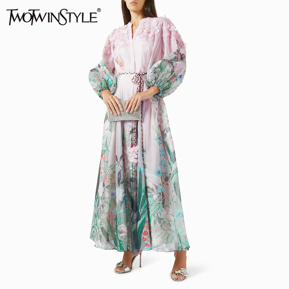 

TWOTWINSTYLE Colorblock Printing Spliced Belt Elegant Dresses for Women V Neck Long Sleeves Patchwork Appliques Dress Female New