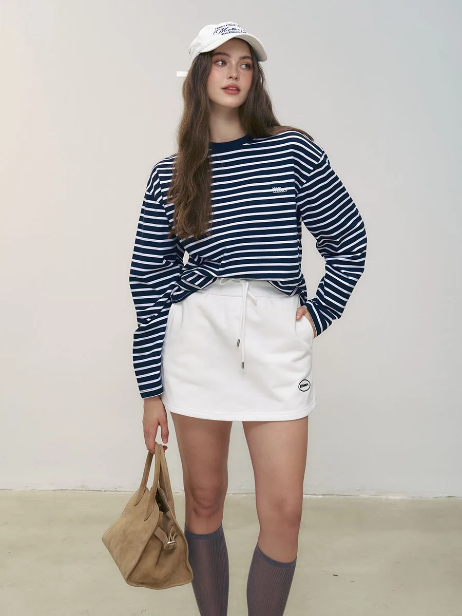 

Deesicile Корейская повседневная полосатая футболка с вышивкой букв, длинная све, мягкая, приятная для кожи, свободный круглый топ