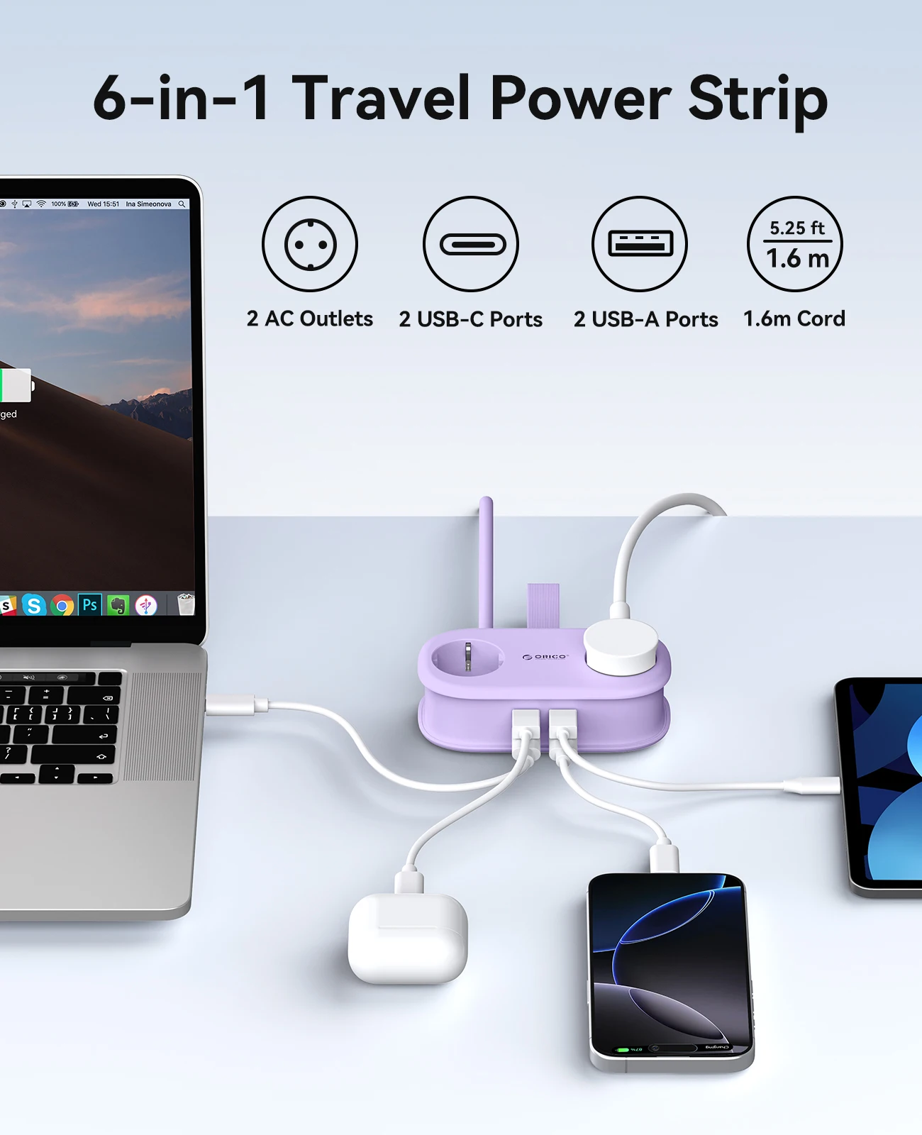 ORICO Cable-Wrap Portable Travel Power Strip 65W GaN Fast Charging Station with 2 AC Outlets 2 USB 2 Type-C EU Plug Adapter Home