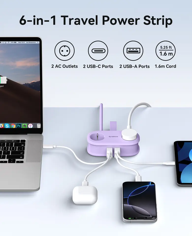 ORICO Cable-Wrap Portable Travel Power Strip 65W GaN Fast Charging Station with 2 AC Outlets 2 USB 2 Type-C EU Plug Adapter Home - 2