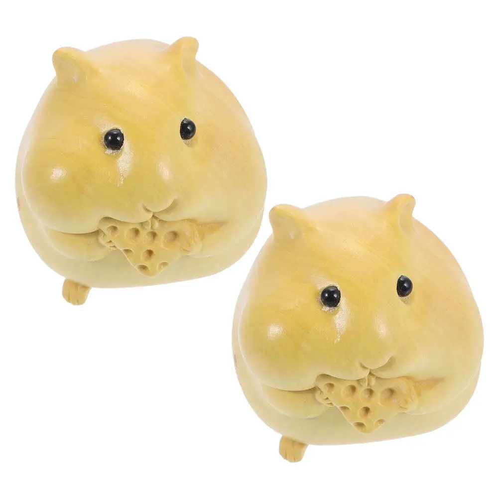 2Pcs Hand Carved Boxwood Hamster Ornament Cute Desktop Bookshelf Decor Handmade Wooden Animal Sculpture Miniature Home Office