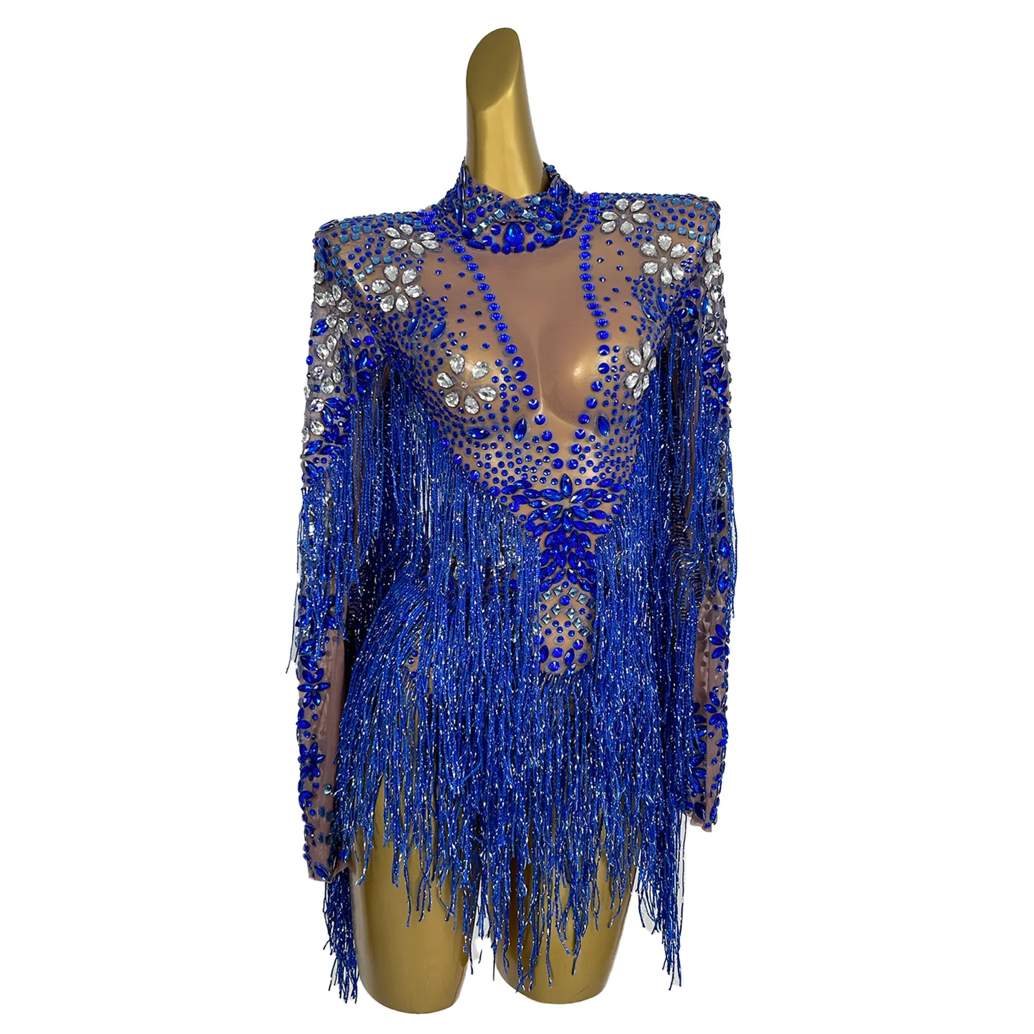 

Blue Fringe Rhinestones Tights Stage Wear Sexy Tassel Glisten Crystals Bodysuit Bar DJ Sexy Singer Dancer Dance Costume Shenlan