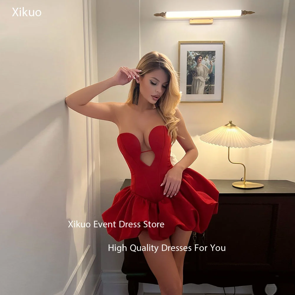 

Xikuo Sexy Red Cut Out Prom Gowns Mini Length Satin A Line Evening Dresses Chic Ruffled Hem Birthday Party Dresses Customized