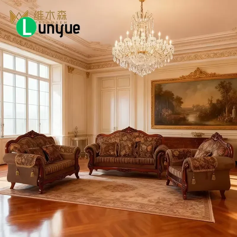 For Classic European Fabric Sofa Solid Wood Carved Frame Sponge Filled High Quality Apartment Living Room Furniture