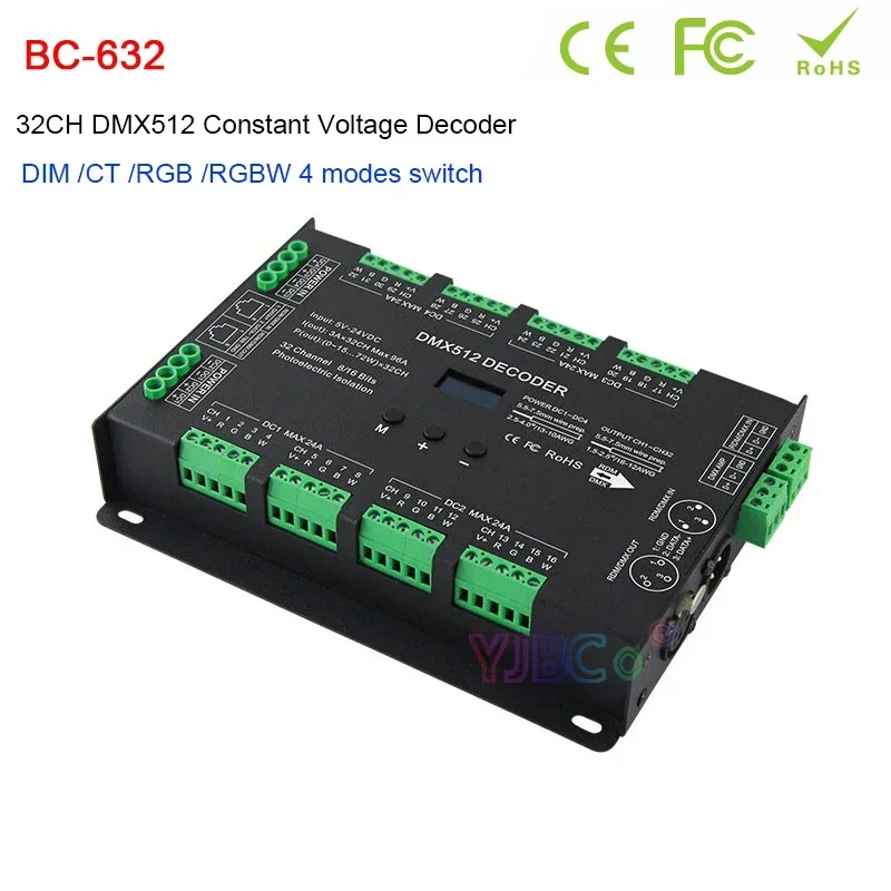 bincolor dc led decodificador controlador para cor unica ct rgb rgbw luzes de tira led bc632 cv 32 ch dmx 5v24v 3a x 32ch dmx512 01