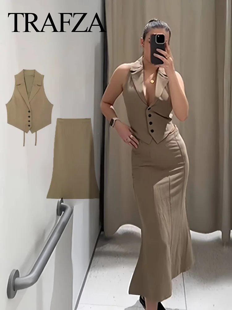 TRAF 2024 Woman Fashion Solid Khaki Suit Sleeveless Back Lace-Up Vest Waistcoats+High Waist Mermaid Skirts Set Casual Street