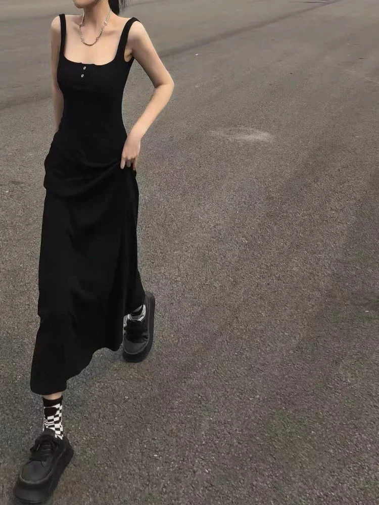 Vestidos largos negros para mujer, vestido veraniego sencillo a la moda, elegante, con cuello cuadrado, estilo francés, Sexy, sin espalda, informal, básico, nuevo