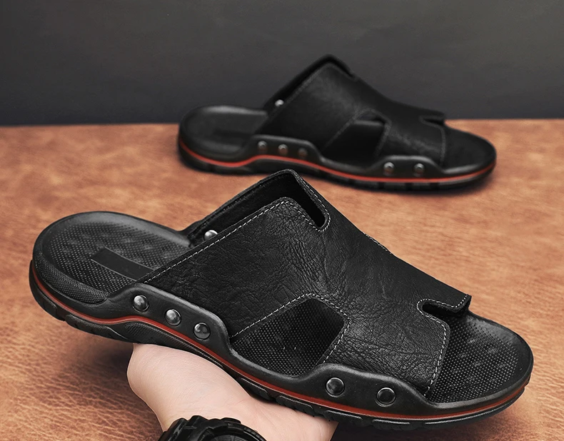 Sommer Männer Hausschuhe Aus Echtem Leder Atmungsaktive Clogs Sandalen Strand Klassiker Leder Rutschen Outdoor-Flip-Flops Plus Größe Männer Schuh – Detail 2