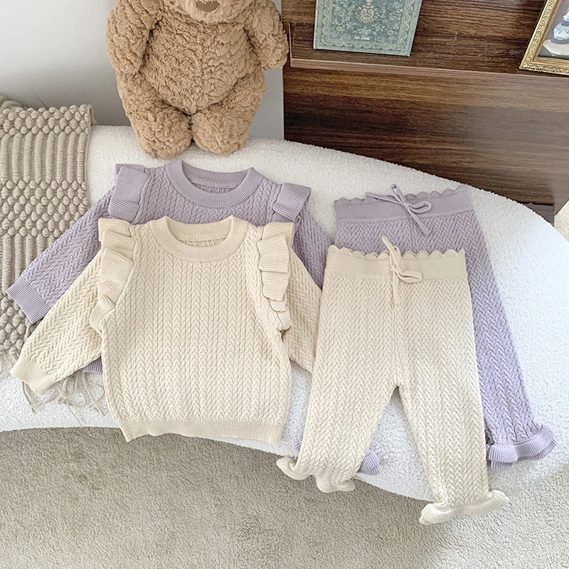 2024 New Autumn Children Clothes Set Long Sleeved Solid Color Knitted Pullover+Pants Toddler Baby Girl Knitted Clothes Suit