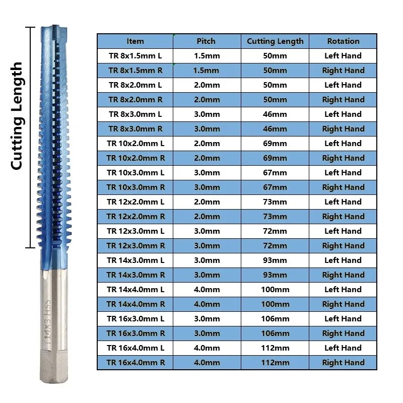 Tap Thread Spiral HSS TR8/10/12/14/16 Screw Thread Tap Drill Bit Nano Blue Coated Hand Tap Set HSS Left/Right Hand Machine Tap