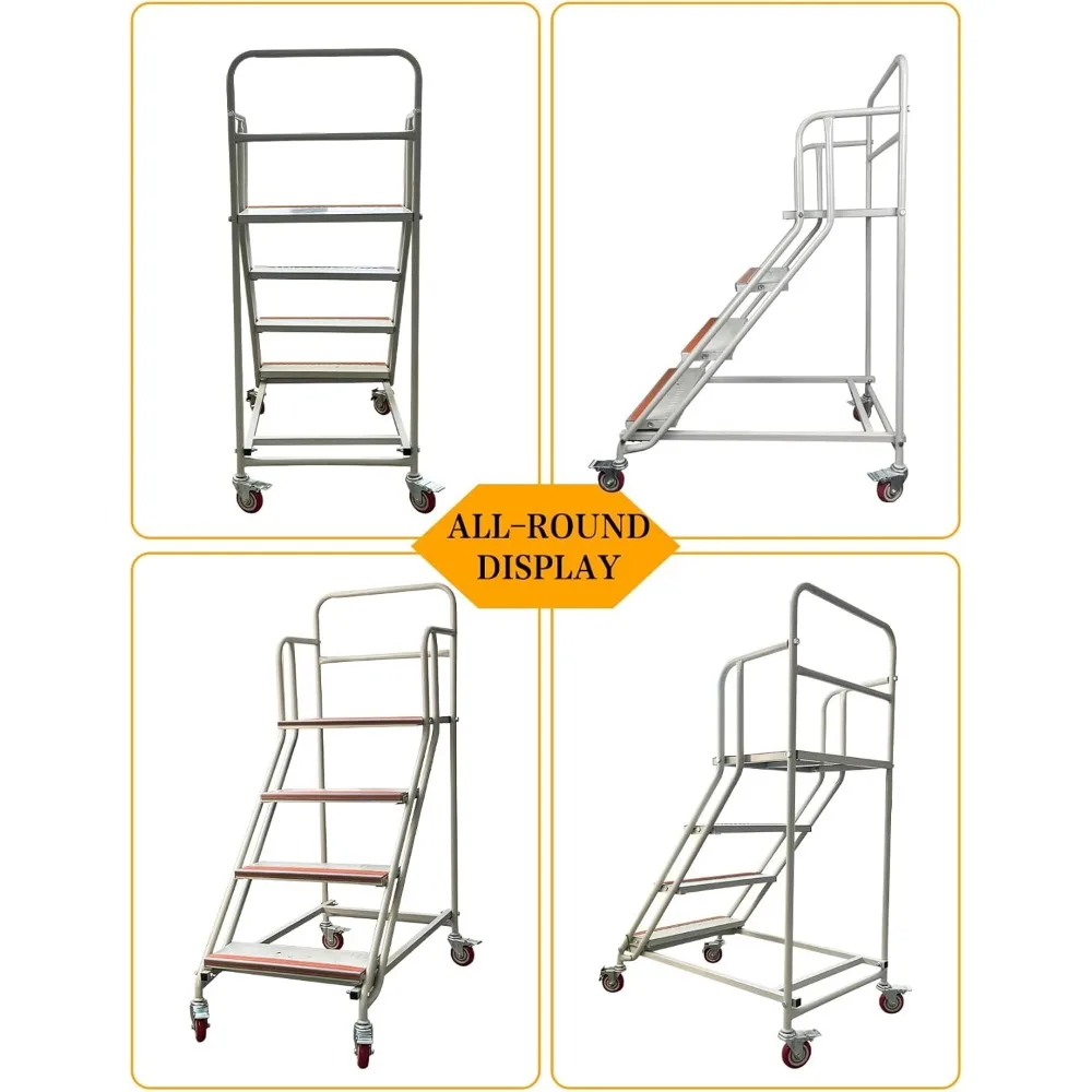 4 Steps Ladder with Wheels, Industrial & Warehouse Step Ladder, Rolling Steps Ladder with Vinyl Stair Edge Protector