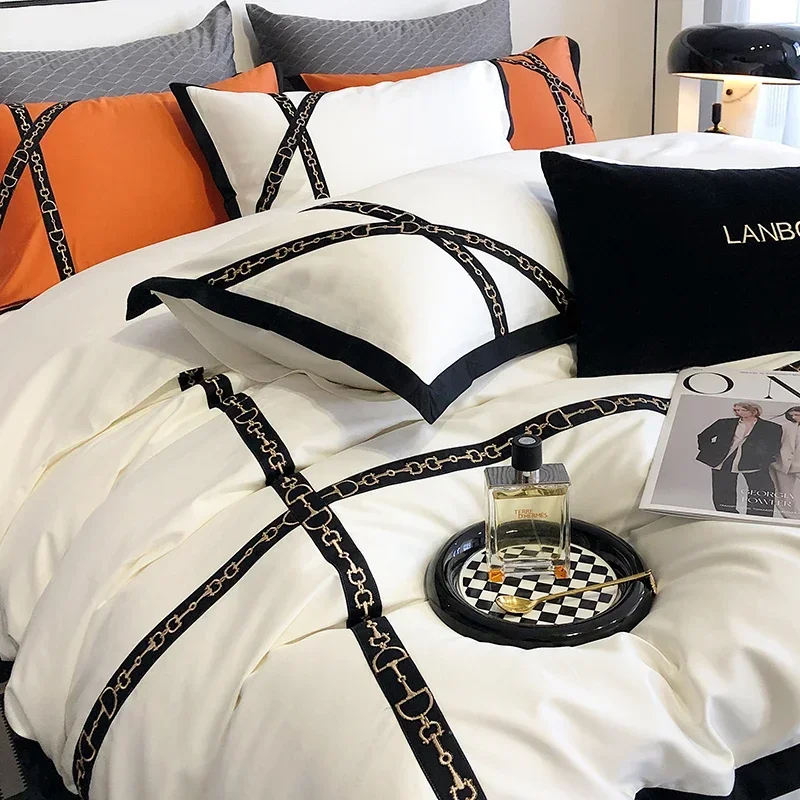 Luxury Black Gold Cross Patchwork Embroidery Bedding Set 1000TC Egyptian Cotton White Orange Duvet Cover Bed Sheet Pillowcases