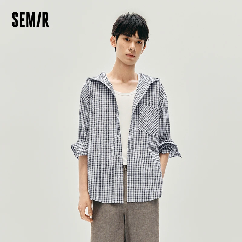 Semir قميص طويل الأكمام الرجال منقوشة ملابس خارجية خفيفة الوزن 2025 الخريف جديد مقنعين ملابس فضفاضة كلاسيكية متعددة الاستخدامات للرجال