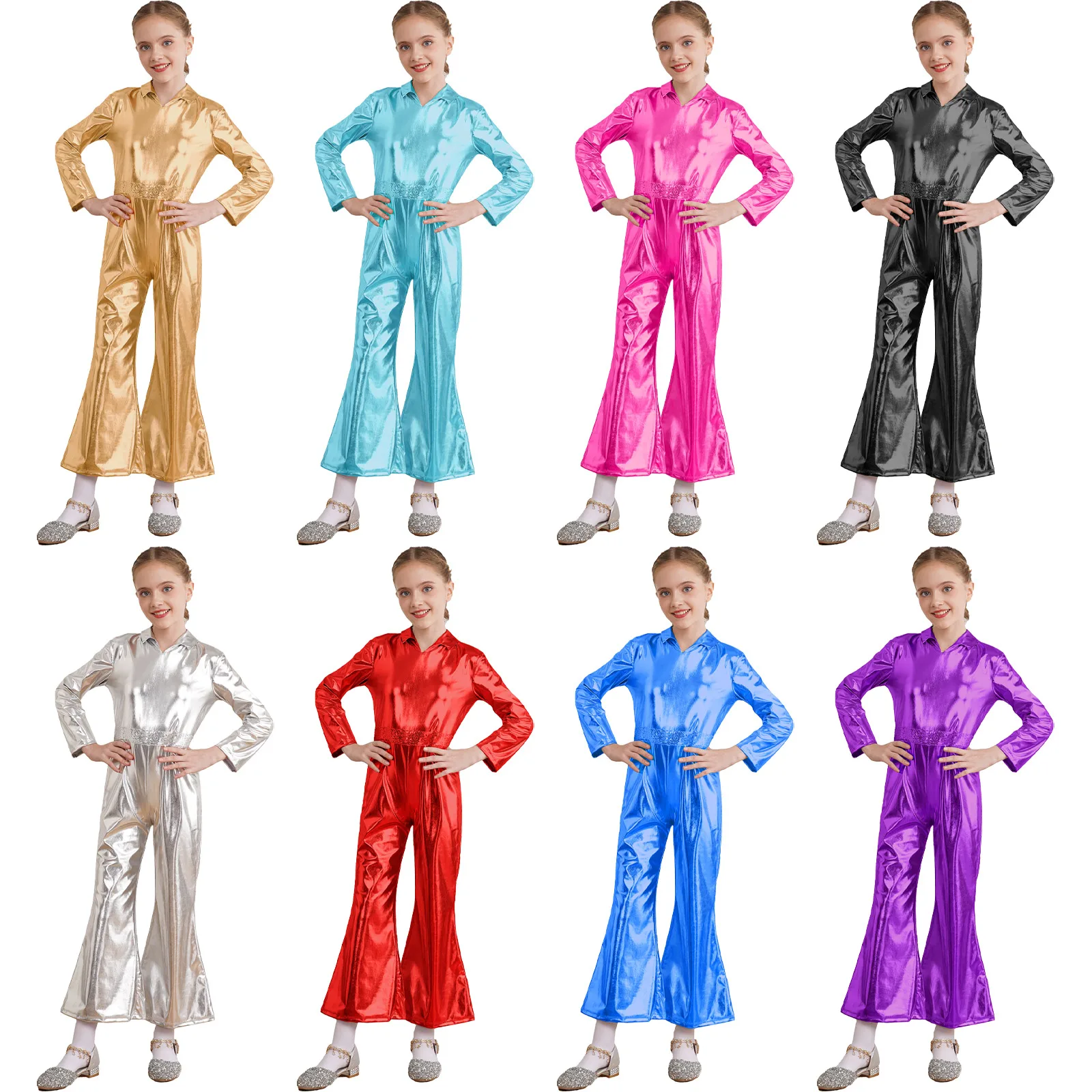 Ragazze Shiny Metallic Full body manica lunga Bell Bottom body tuta discoteca Jazz sala da ballo Party Performance Costumes