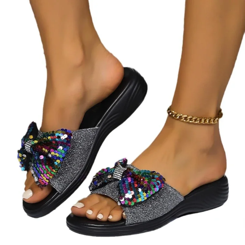 Fashion Sequin Bow Slippers Women\'s  New Summer Lightweight Sandals Outdoor Banquet Parties Thick Soled Casual Shoes Durable