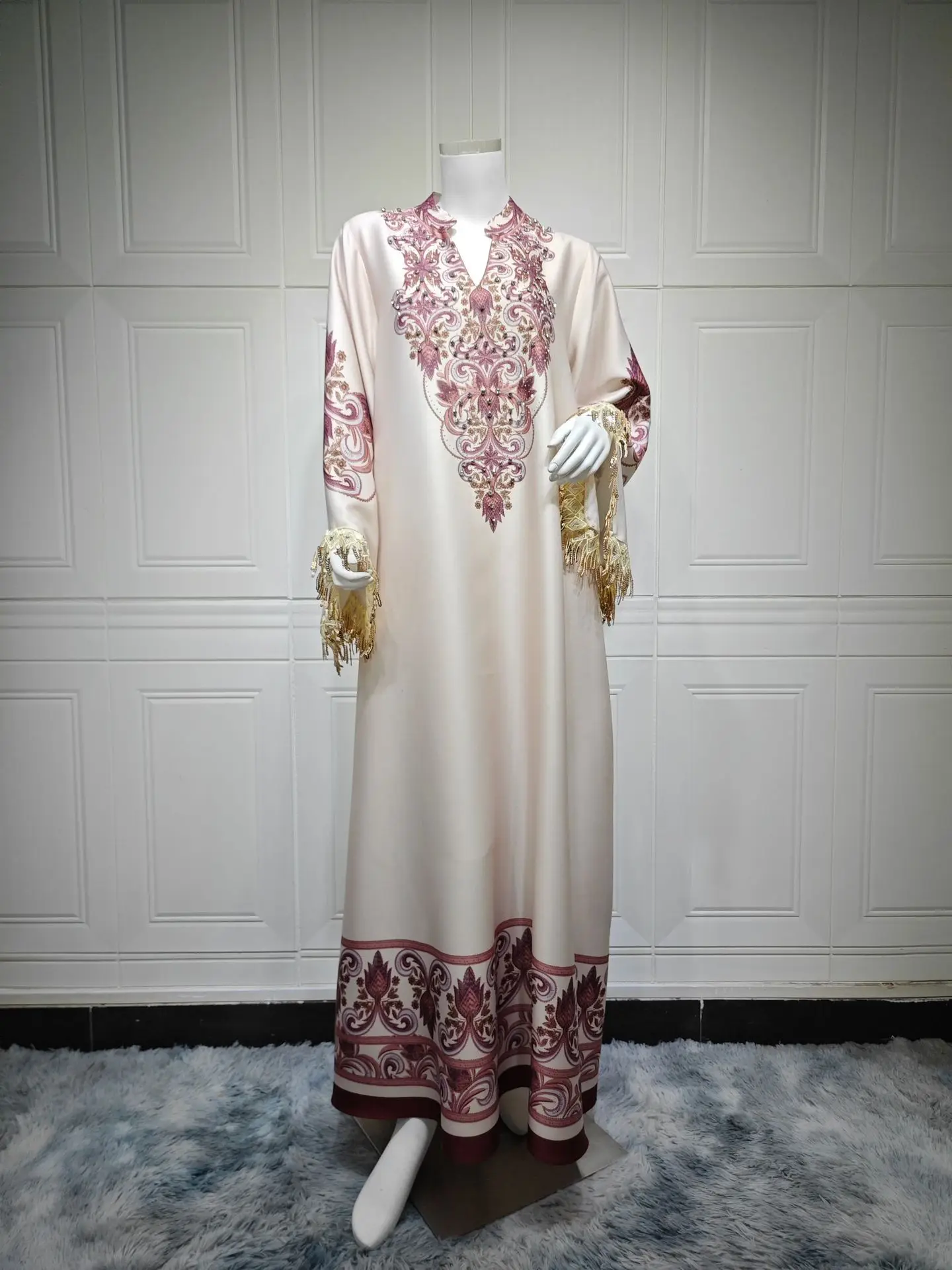 Muslim Print Dress Women Eid Abaya Party Dresses Jalabiya Diamonds Tassel Long Robe Ramadan Islam Vestidos Morocco Dubai Kaftan 6
