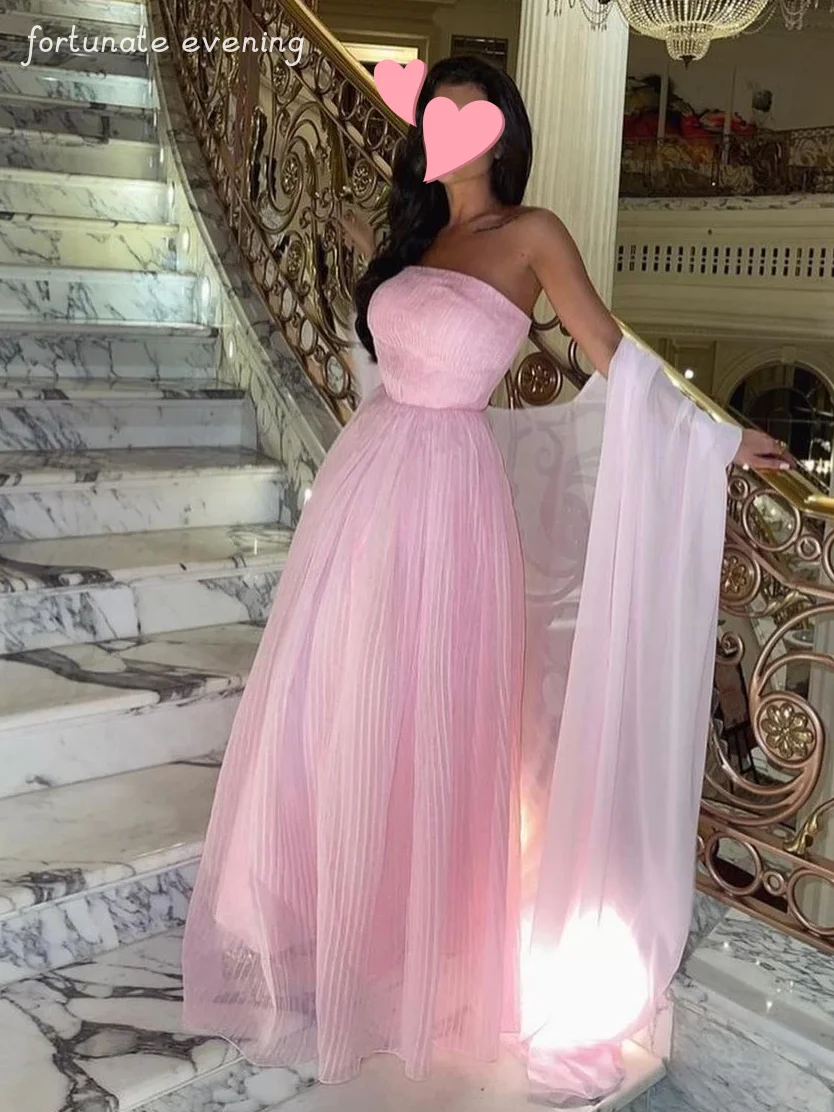 

Fortunate Evening Elegant Vintage Sweet Pink Lace Strapless Chiffon Customized Formal Occasion Prom Dress Evening Party Gowns