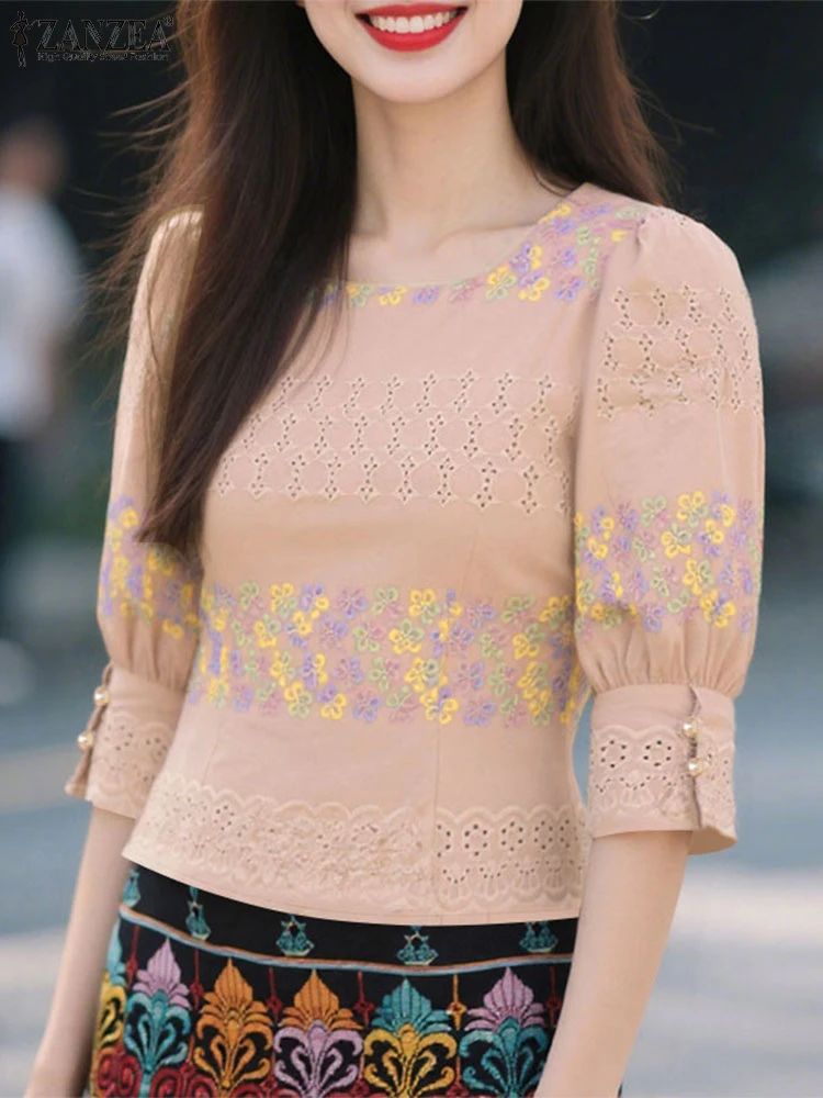 2025 ZANZEA Summer Printed Shirt Elegant Women Square Neck 3/4 Sleeve Blouses Bohemain Stylish Holiday Tops Casual Work Blusas