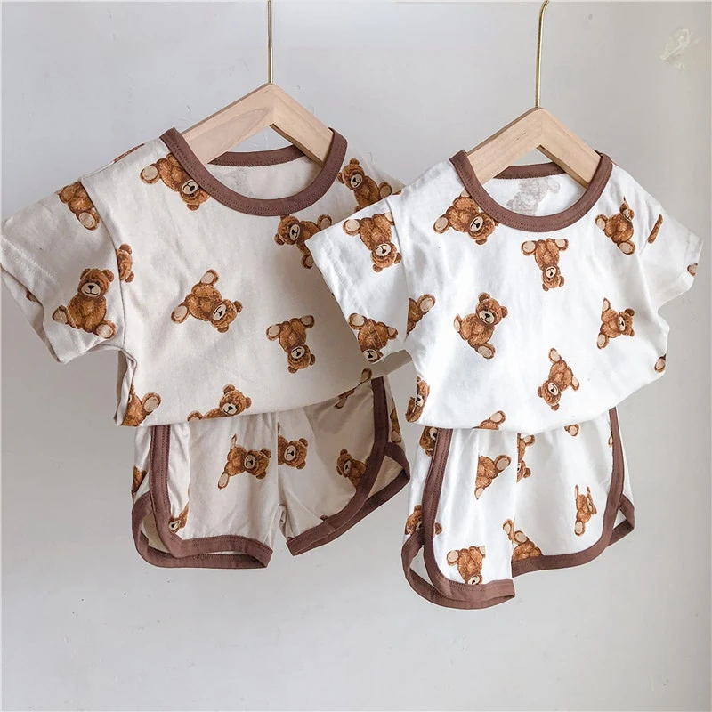 

Children's Wear Summer Men's and Girls' Clothes Small Bear Short Sleeve Baby Cute Cartoon Casual Comfortable Two-piece Set