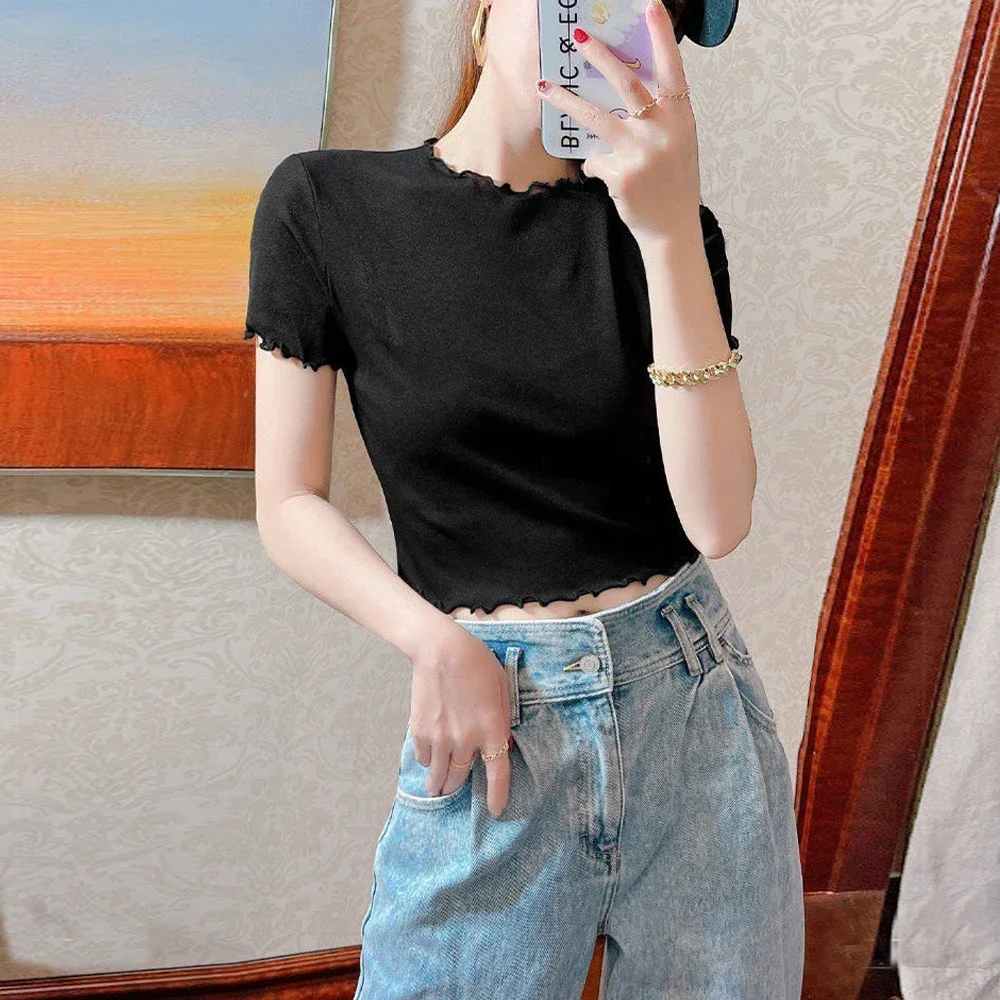 여자 Y2k 용수철 여름 미니 짧은 크롭탑, 탄성 메쉬 티셔츠, 퍼플 그린 핑크 화이트 살구색 컬러, 카와이 옷