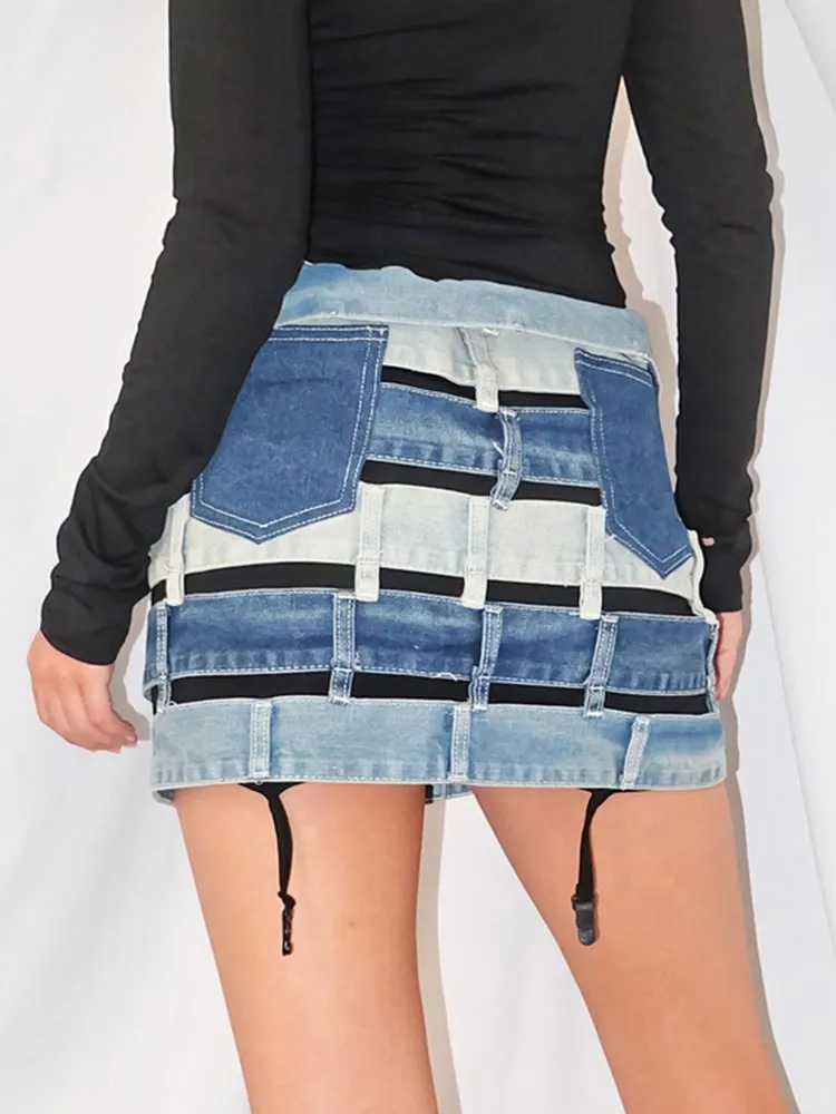 KBQ Detachable Sexy Denim Skirts For Women High Waist Hollow Out Irregular Patchwork Single Breasted Skirt Female Fashion Style