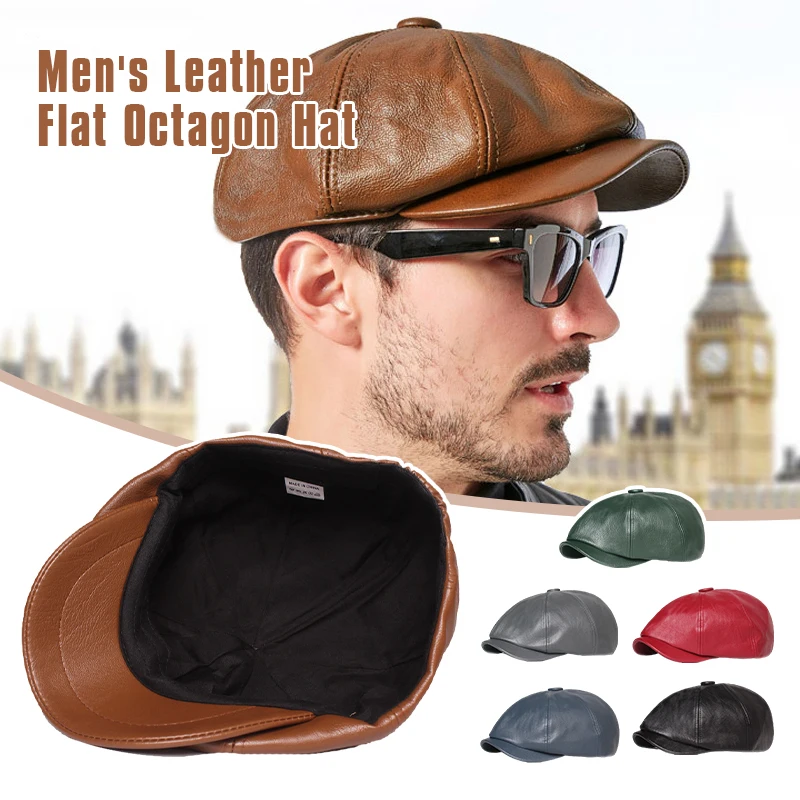 

British Retro Men Leather Flat Octagonal Hat Spring Autumn Winter Leisure Beret Cap PU Newsboy Cap Brown Red Women Painter Beret