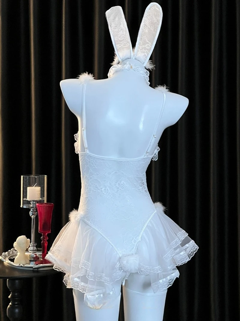 بدلة قفز للفتيات على شكل أرنب شفاف من الدانتيل، زي QQNY جذاب ومثير، ملابس داخلية مثيرة من قطعة واحدة مغرية للرغبة النقية
