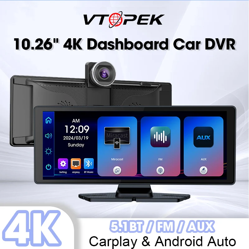 

Vtopek 10.26 inch Wireless CarPlay & Android Auto Dash Cam 4K DVR Navigation Dashboard AUX 5.1 BT FM Video Recorder 24H Park